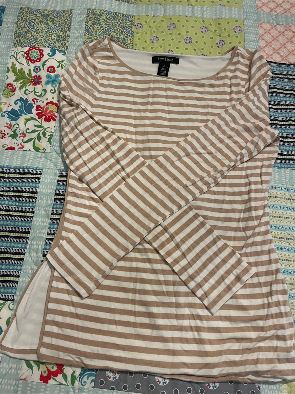 White House Black Market Cream & White Striped Long Sleeve Scoop Neck Top